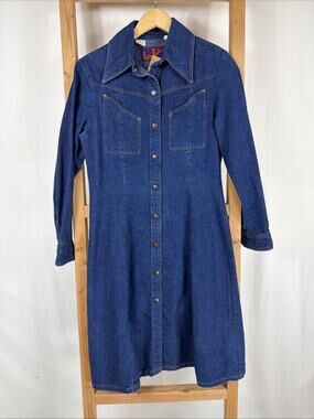 Vintage 70's Western Inspired Landlubber Blue Denim Snap Up Dress #1296 Size SM